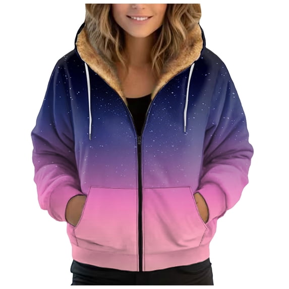 Xudanell Jackets for Women Warm Hooded Jacket Gradient Zipper Hoodie Drawstring Jacket Lined Plush Women Fashion Hoodies Light Purple XXL