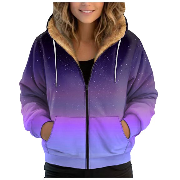 Xudanell Jackets for Women Warm Hooded Jacket Gradient Zipper Hoodie Drawstring Jacket Lined Plush Women Fashion Hoodies Purple S