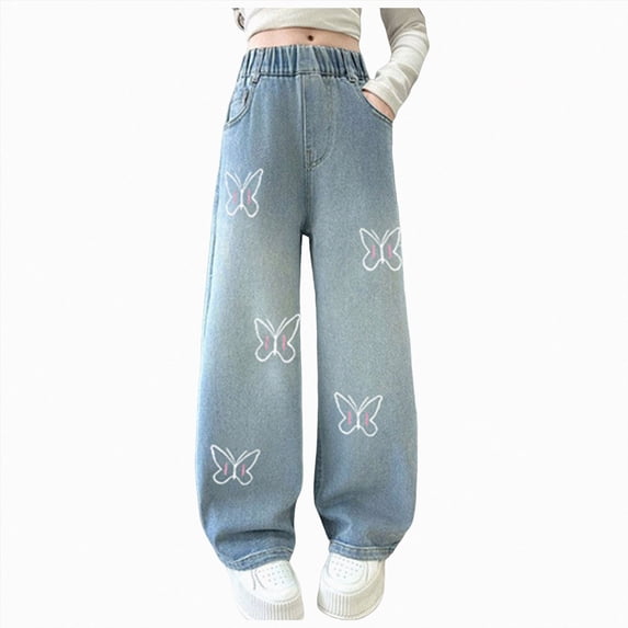 Xudanell Jeans for Girls Butterfly Printed Wide Leg Jean Pants with High Waisted Streetwear Light Blue 15-16 Years