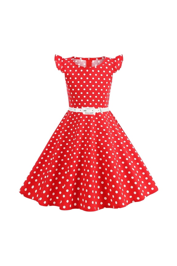 Kids 1950s Dresses for Girls Vintage 50s Style Polka Dot Dress Retro 50's Audrey Hepburn Rockabilly Party Swing Dress + Belt (Red, 3-4 Years)