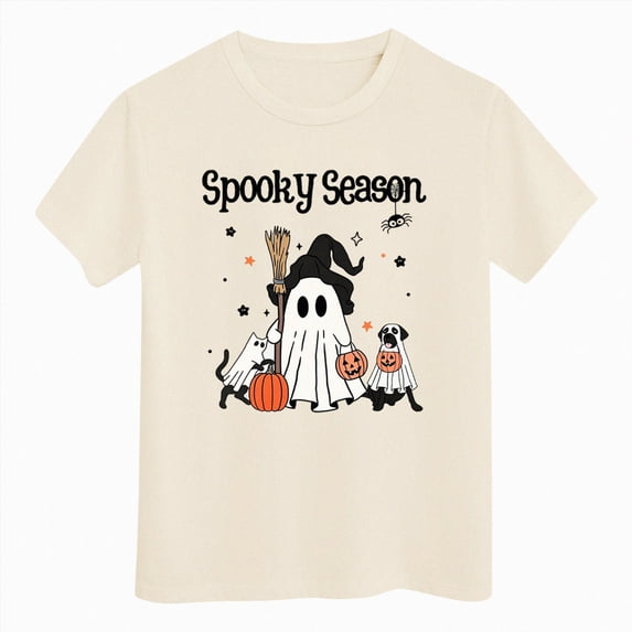 Xudanell Kids Girls Halloween T-Shirts Tee, Short Sleeve Cute Pumpkin Ghost Daisy Print Crew Neck Fall Casual Tops for Kids,Size 5-6 Years