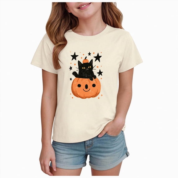 Xudanell Kids Halloween T Shirts for Girls Pumpkin Ghost Short Sleeve Crew Neck Loose Fit Graphic Tees Toddler Clothes (Beige, 5-6 Years)