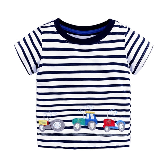 Xudanell Kids Modern Shirt Striped Cartoon Print Boy Short Sleeve Cotton Blend Checkered Camp Shirt