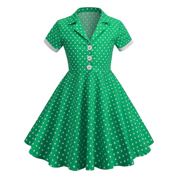 Xudanell Kids Notch Lapel 50s Dress for Girls Vintage Retro 1950s Polka Dot Dress for Girls 50's Audrey Hepburn Rockabilly Swing Dress (Green, M)