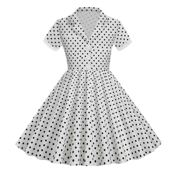 Xudanell Kids Notch Lapel 50s Dress for Girls Vintage Retro 1950s Polka Dot Dress for Girls 50's Audrey Hepburn Rockabilly Swing Dress (White, S)