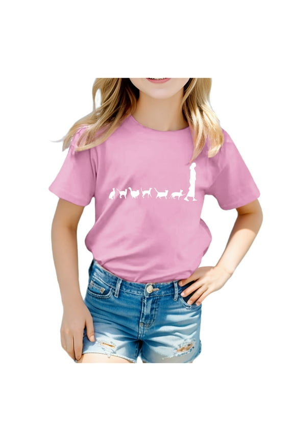Kids Short Sleeve Tees Unisex Kids Print Tee Cat Boy Funny T Shirts Top for 2 to 13Y
