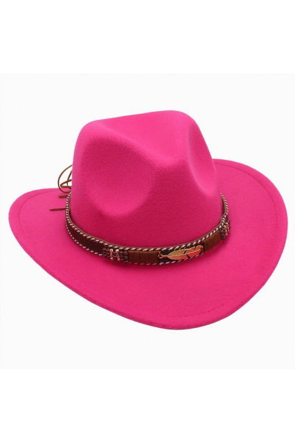 Kids Western Cowboy Hat Wide Brim with Band Wool Felt Vintage Jazz Fedora Boys Girls Cowgirl Hats (Hot Pink, 3-8 Years)