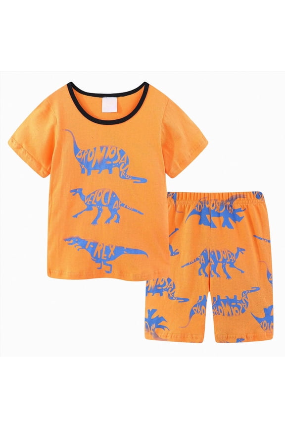 Little Boys Short Set Pajamas for Boys Cotton Toddler Train Dinosaur Sleepwear Summer Clothes (Orange,4-5 Years)