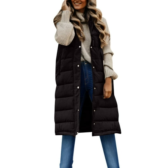 Xudanell Long Puffer Vest Women Quilted Hooded Vest Sleeveless Coat Padded Jackets with Pockets (Black,S)
