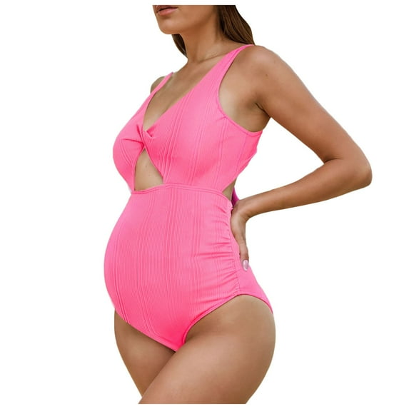 Xudanell Maternity Floral Summer Swimsuits One Piece Bathing Suits V-Neck Pregnancy Sexy Swimwear Backless High Waist Bikini Sexy Bathing Suit (Pink,XL)