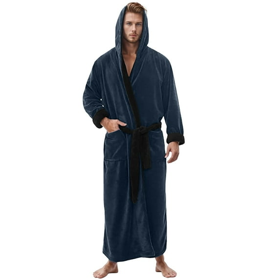Xudanell Men Long Velvet Lapel Tied Cardigan Com fortable Pajamas with Pockets Bathrobe Sleepwear Bathrobe Sleepwear Loungewear for S-5XL