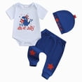 thumbnail image 1 of Xudanell My 1st 4th of July Baby Boy Outfit Short Sleeve Dinosaur Romper Star Pants Hat Set Newborn Fourth of July Clothes White 12-18 Months, 1 of 9
