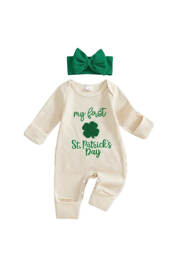 My First First St Patricks Day Baby Girl Outfit Lucky Clover Jumpsuit Romper Cute Spring Clothes (Beige, 0-3 Months)