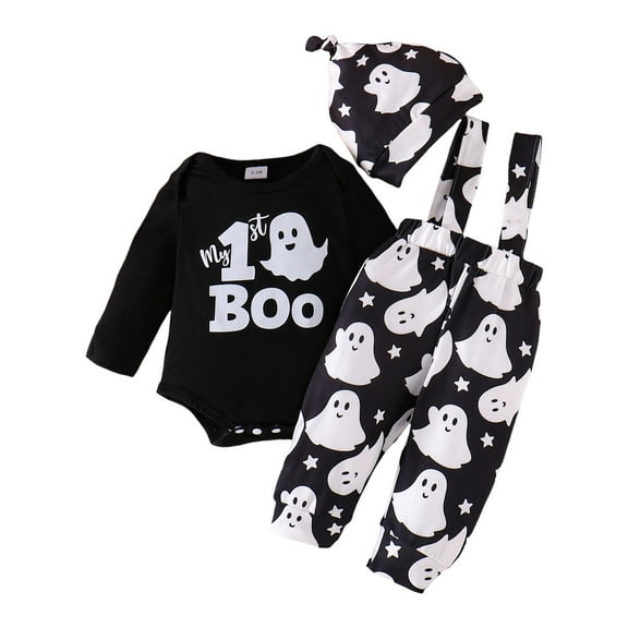 Xudanell My First Halloween Baby Boy Outfit Letter Printed Boys Outfits Romper Suspender Pants and Hats Holiday