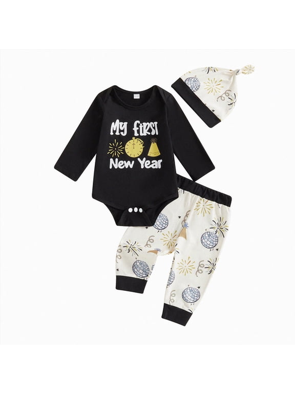 My First New Year Baby Boy Outfit Newborn Letter Print Long Sleeve Romper Top Balloon Pants with Hat 3 Piece Sets(Black, 0-3 Months)