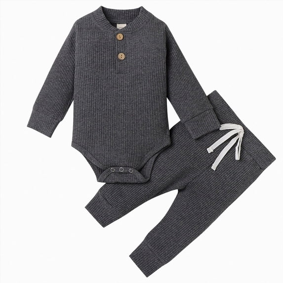 Xudanell Newborn Baby Boy Clothes Ribbed Knit Long Sleeve Bodysuit Pants 2-Piece Fall Winter Outfits (Grey,3-6 Months)