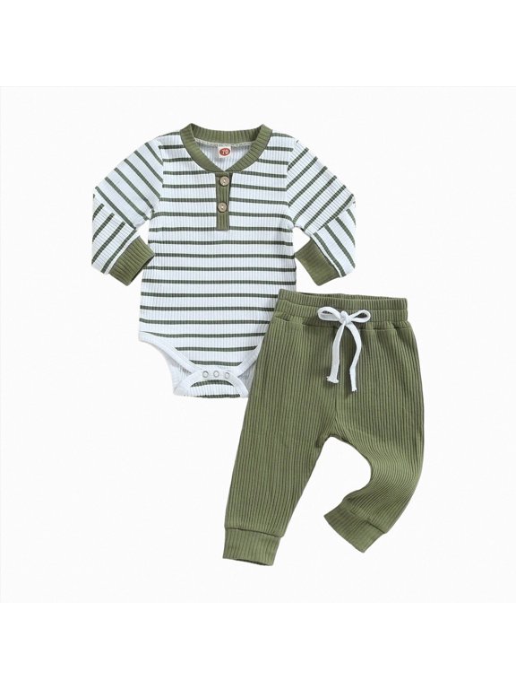 Newborn Baby Boy Girl Clothes Ribbed Knitted Long Sleeve Romper Pants Solid Cotton Infant Fall Winter Outfits 2Pcs (Green, 18-24 Months)