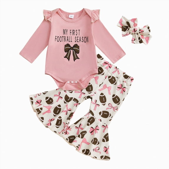 Xudanell Newborn Baby Girl Football Outfit On Sundays We Watch Football with Daddy Romper Flared Pants Headband 3 Piece Set(Pink, 6-12 Months)