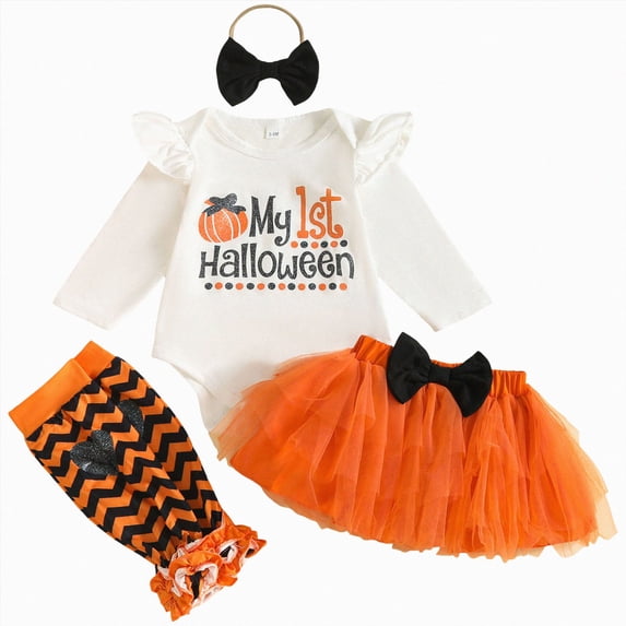 Xudanell Newborn Baby Girl My 1st Thanksgiving Outfit Romper Top, Mesh Short Pants, Leg warmers with Headband Clothes Set (Orange, 12-18 Months)