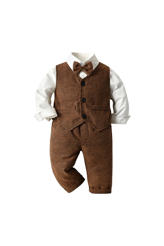 Boy Outfits Long Sleeved Birthday Gentle Suit Trousers Baby 3 Piece Soft Creeper Pants Set Brown 3-6 Months