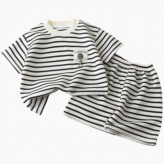 Xudanell Newborn Boy Outfits Round Neck Striped Printing Boy Short Sleeve Set Tee And Shorts Baby Clothes Beige 5-6 Years