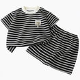 thumbnail image 1 of Xudanell Newborn Boy Outfits Round Neck Striped Printing Boy Short Sleeve Set Tee And Shorts Baby Clothes Black 18-24 Months, 1 of 4