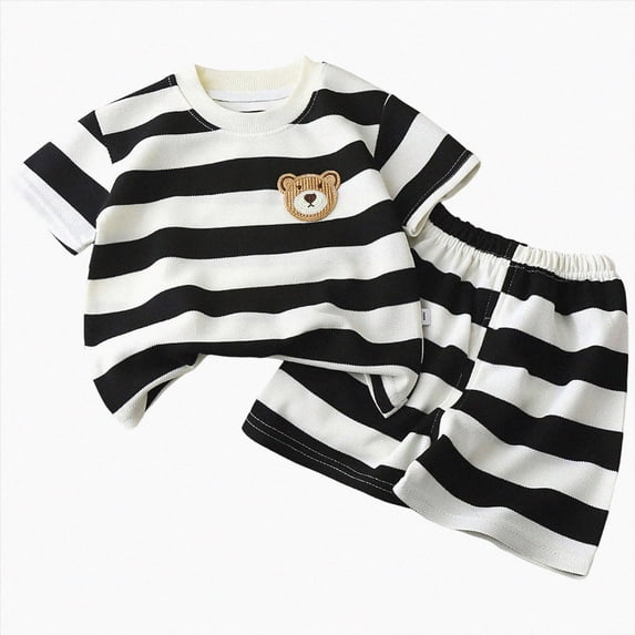 Xudanell Newborn Boy Outfits Round Neck Striped Printing Boy Short Sleeve Set Tee And Shorts Baby Clothes Khaki 18-24 Months