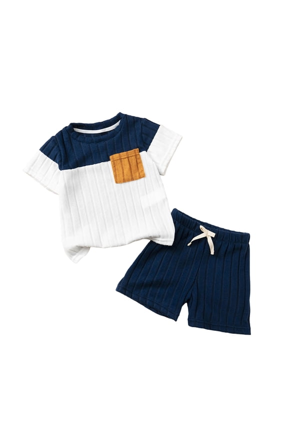 Newborn Boy Outfits Simple Color Blocking Short Sleeve Crewneck T Shirt and Relaxed Fit Shorts Two Piece Cotton Set Navy 5-6 Years