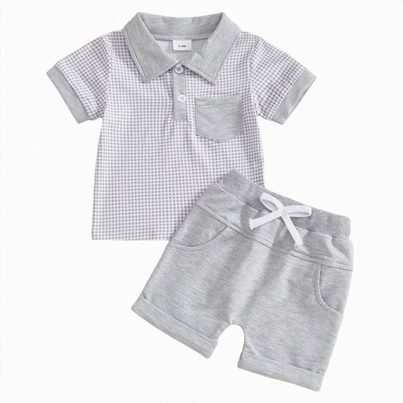 Xudanell Newborn Boy Summer Clothes Button Short Sleeve Baby Soft Outfit Turndown Neck Botton Short Pants Set Grey 18-24 Months