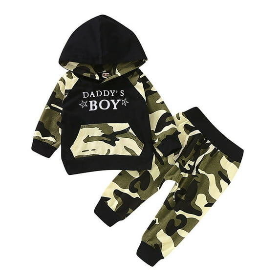 Xudanell Clothes Camo Sweatshirt Baby Boy Letter Hoodie T Shirt Tops Camouflage Pants Outerwear Outfits Set Baby Boy Clothes 6-9 Months