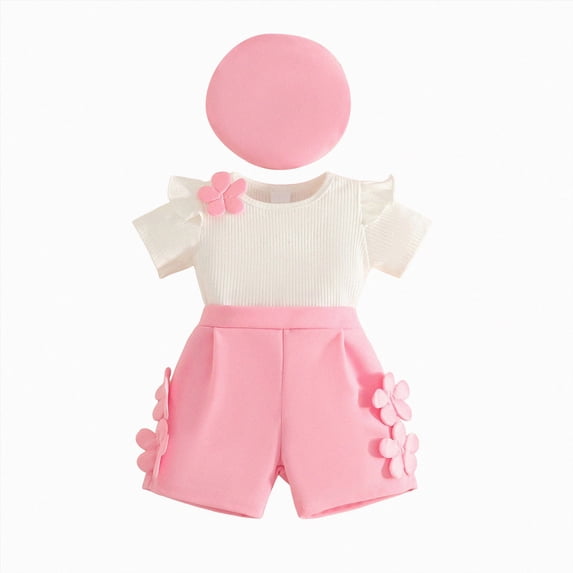 Xudanell Newborn Girl Clothes Birthday Outfits Summer Flower Applique Knitted Tshirts Solid Shorts and Beret Hat Princess Clothes Pink 6-9 Months