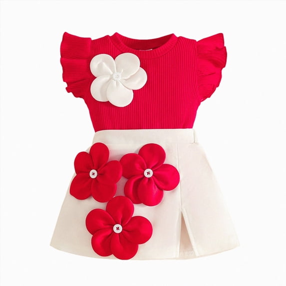 Xudanell Newborn Girl Clothes Flower Applique Ruffle Shorts Sleeve Top Birthday Outfit and Floral Short Skirts Trendy Red 18-24 Months