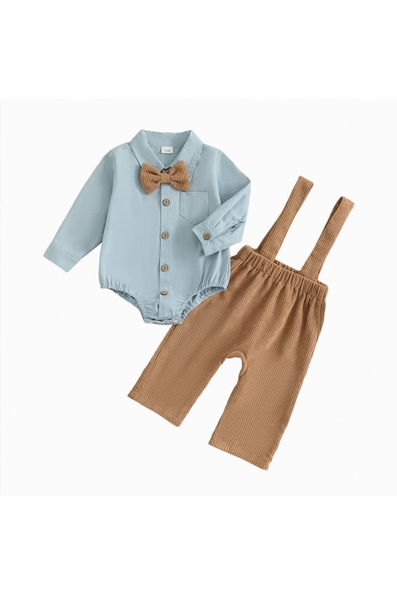 Newborn Infant Baby Boy Outfits Suit Bowtie Dress Romper+Suspender Overalls Pants Set Gentleman Wedding Clothes Formal (Blue, 3-6 Months)