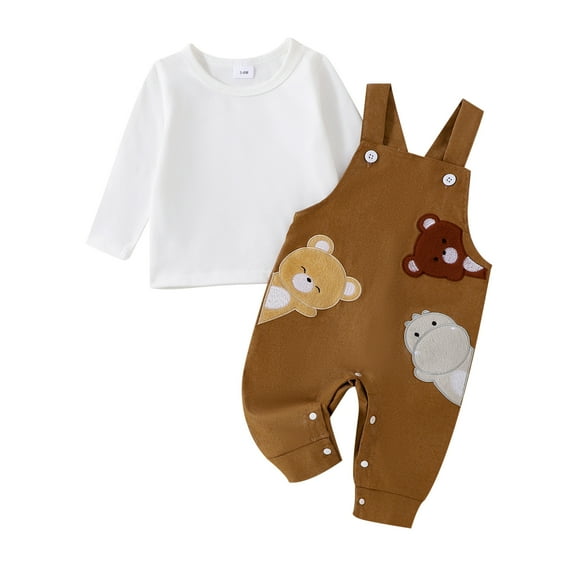 Xudanell Outfit Bear Embroidery Travel Outfit Fall Long Sleeve Tops Overalls 12 Month Boy Clothes Brown 12-18 Months