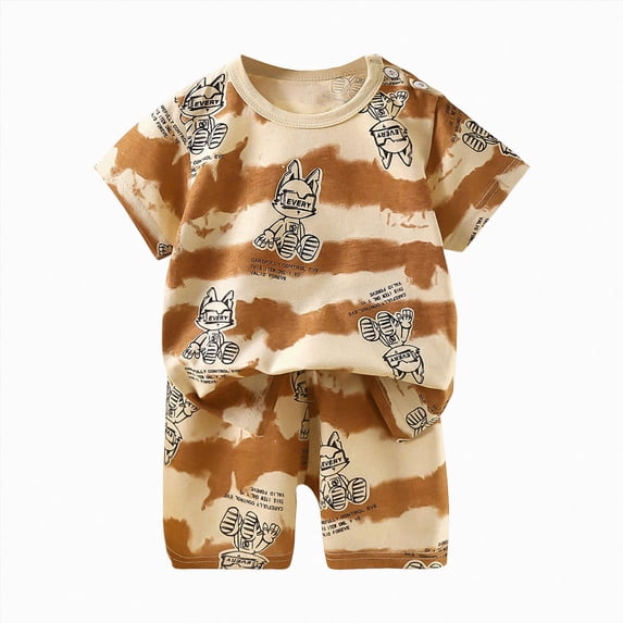 Xudanell Newborn Outfits Baby Boy Boys Casual Summer Set Soft Short Sleeve Cartoon Graphic Crewneck T Shirt Matching Elastic Shorts Brown 6-12 Months