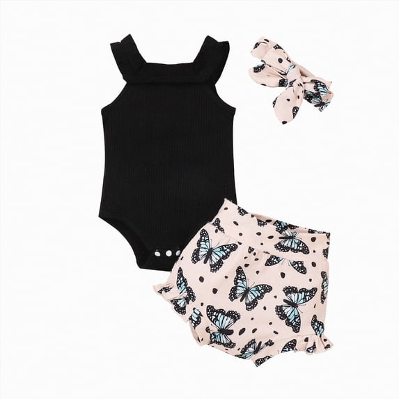 Xudanell Newborn Photography Outfits Girl Baby Sleeveless Romper Ruffle 3pcssets Butterfly Print Shorts Headband Set Baby Clothes