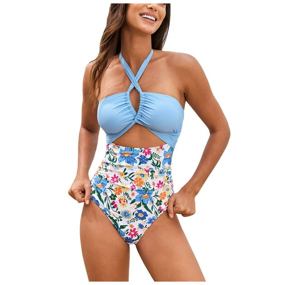 Xudanell One Shoulder One Piece Swimsuits for Women Tummy Control Push Up Bathing Suits Modest Full Coverage Swimwear Sexy Summer Swimwear Swimwear for Women Vacation (Blue,XXL)