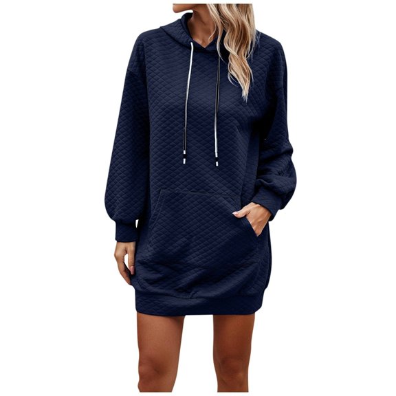 Xudanell Oversized Hoodies Womens Mid Length Long Hooded Womens Grid Texture Sweatshirt for Casual Wear Navy XL