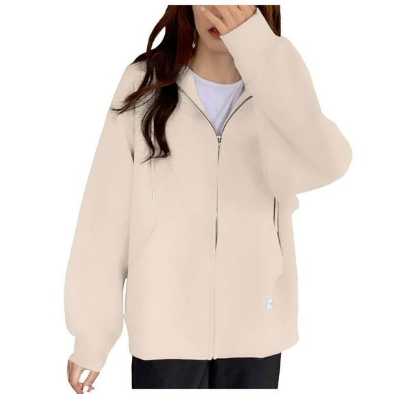 Xudanell Oversized Sweatshirt for Women Fall Long Sleeve Zipper Hoodie Jacket Casual Fashion Sweater Beige One Size