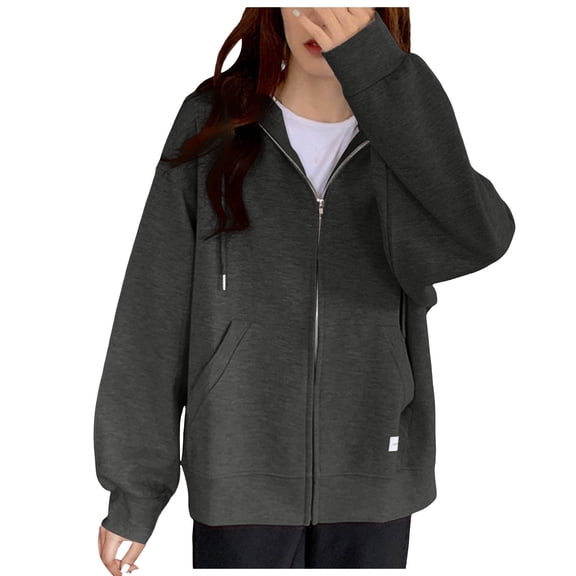Xudanell Oversized Sweatshirt for Women Fall Long Sleeve Zipper Hoodie Jacket Casual Fashion Sweater Dark Gray One Size
