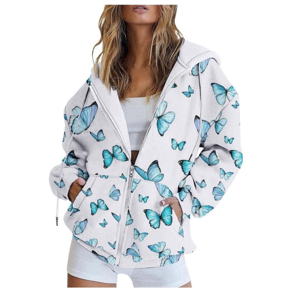 Xudanell Oversized Zip up Hoodie for Women Floral Butterfly Print Fall Sweatshirt Workout Drawstring Jackets Cute Clothes Red M