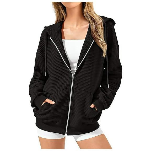 Xudanell Oversized Zip up Hoodie for Women Pocket Style Jackets for Women Trendy No Drawstring Everyday Wear Black M
