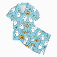 thumbnail image 1 of Xudanell PJs for Kids Girls Silk Satin Pajama Set Halloween Pumpkin Print Short Sleeve Button Shirts and Shorts 2 Piece Sleepwear, 1 of 5