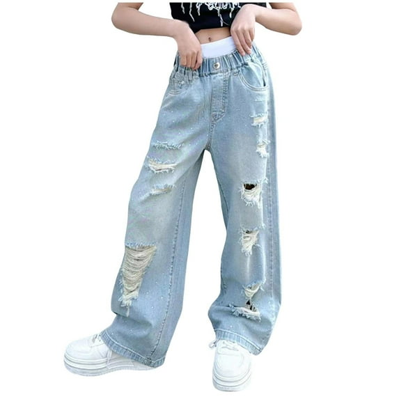Xudanell Plus Size Jeans Girls Wide Leg Denim Trousers Girls Casual Stretch Vintage Pants with Pockets Newborn&nbsp;Pants Blue 7-9 Years