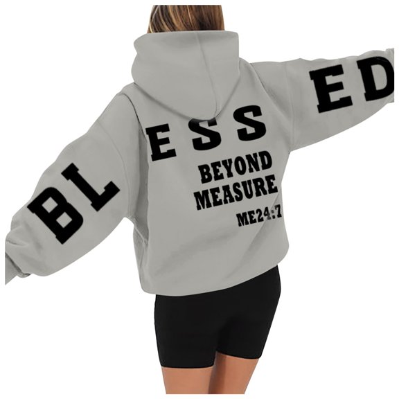 Xudanell Plus Size Spring Clothes for Women Hoodie Pocket Printed Sweatshirt Daily Home Workout Clothes for Women Light Gray M