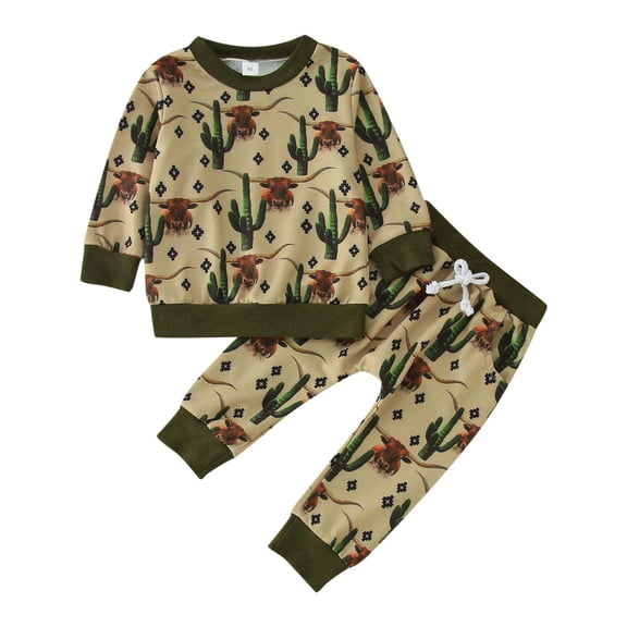 Xudanell Preemie Clothes Boys Baby Pullover Cow Head Cactus Print Sweatshirt and Pants Set Baby Boy Clothes 12-18 Months 12-18 Months AG
