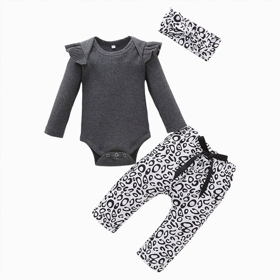 Xudanell Preemie Newborn Infant Baby Girls Clothes Ribbed Romper Bodysuit Pants Set Fall Winter Outfits(Grey, 3-6 Months)