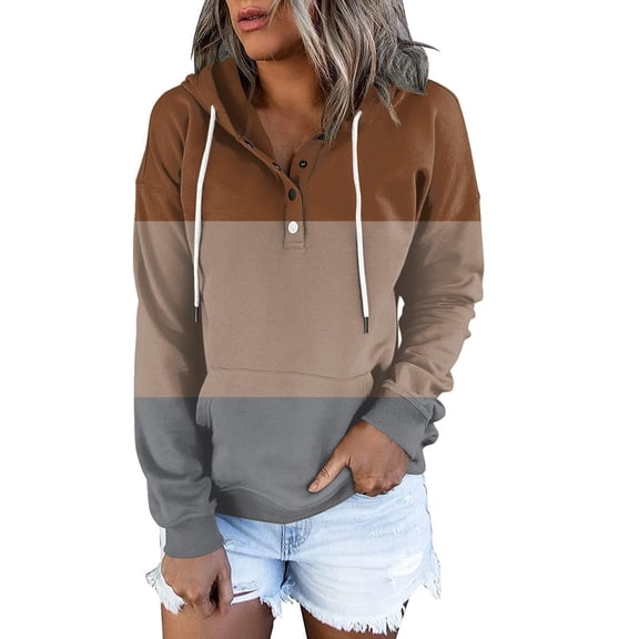 Xudanell Pullover Hoodies Long Sleeve with Drawstring Stitching Print Women Button Detail Hoodie Black XL