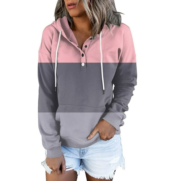 Xudanell Pullover Hoodies Long Sleeve with Drawstring Stitching Print Women Button Detail Hoodie Green L