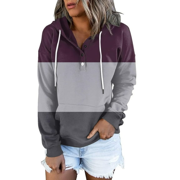 Xudanell Pullover Hoodies Long Sleeve with Drawstring Stitching Print Women Button Detail Hoodie Grey XL